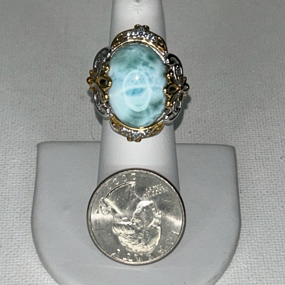 Gems en Vogue Sterling 18K Accent Genuine Larimar Blue Topaz Gemstone Ring Boho - Picture 12 of 12